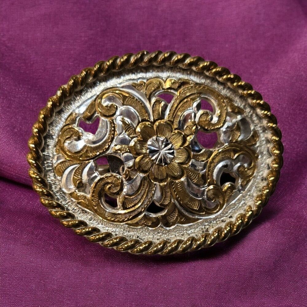 Vintage USA Western Crumrine Belt Buckle Heavy Silver Plate on Jeweler's Bronze